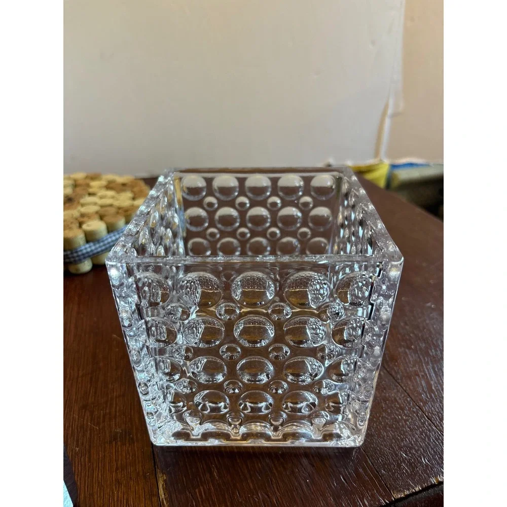 Clear Glass Square Bubble Cube Vase Textured Hobnail Candle Holder 4.75 Inch